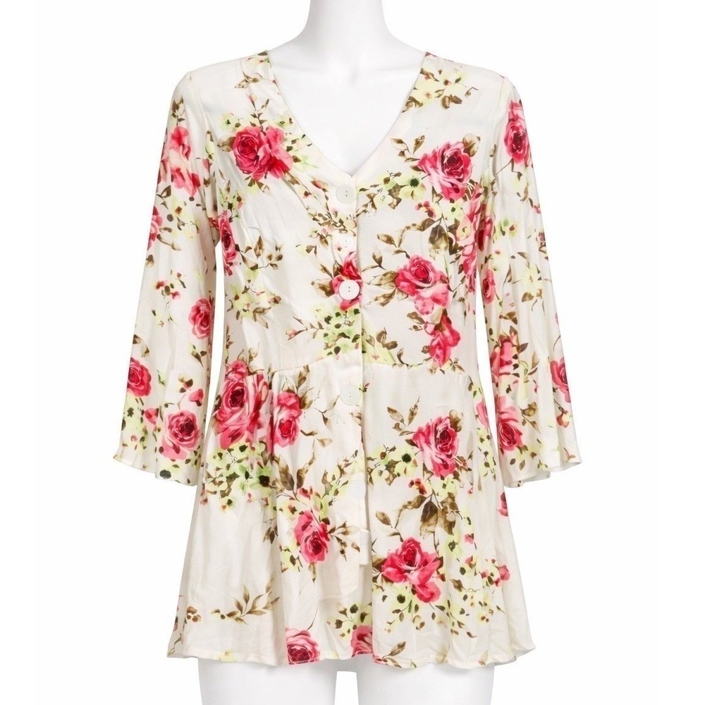 Pyramid Collection Small Floral Floral Bell Sleeve Blouse Cottagecore Casual